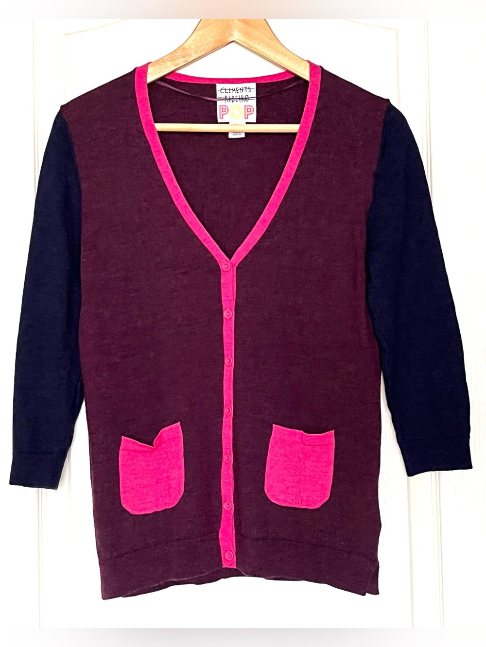 Clements Ribeiro POP Colorblock Woolmark Merino Wool Cardigan Size M Plum